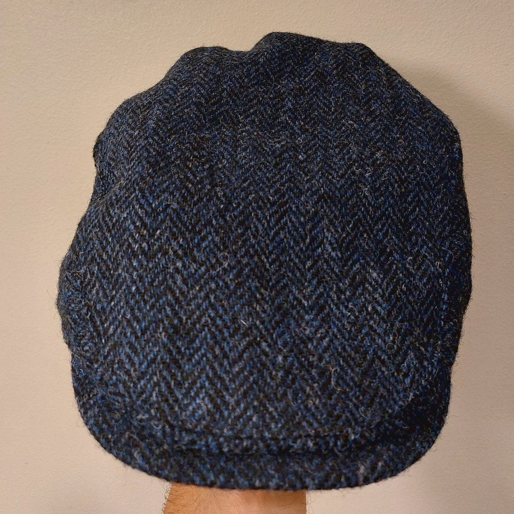 Harris Tweed Blue Herringbone Flat Cap, Size L